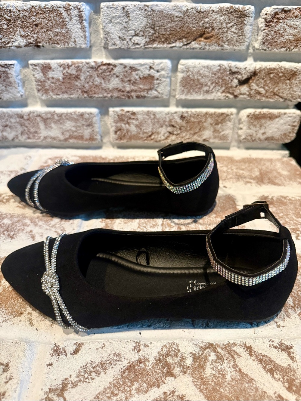Rhinestone-Trim Black Pointed Flats with Sparkly Ankle Straps by Chosen Steps.